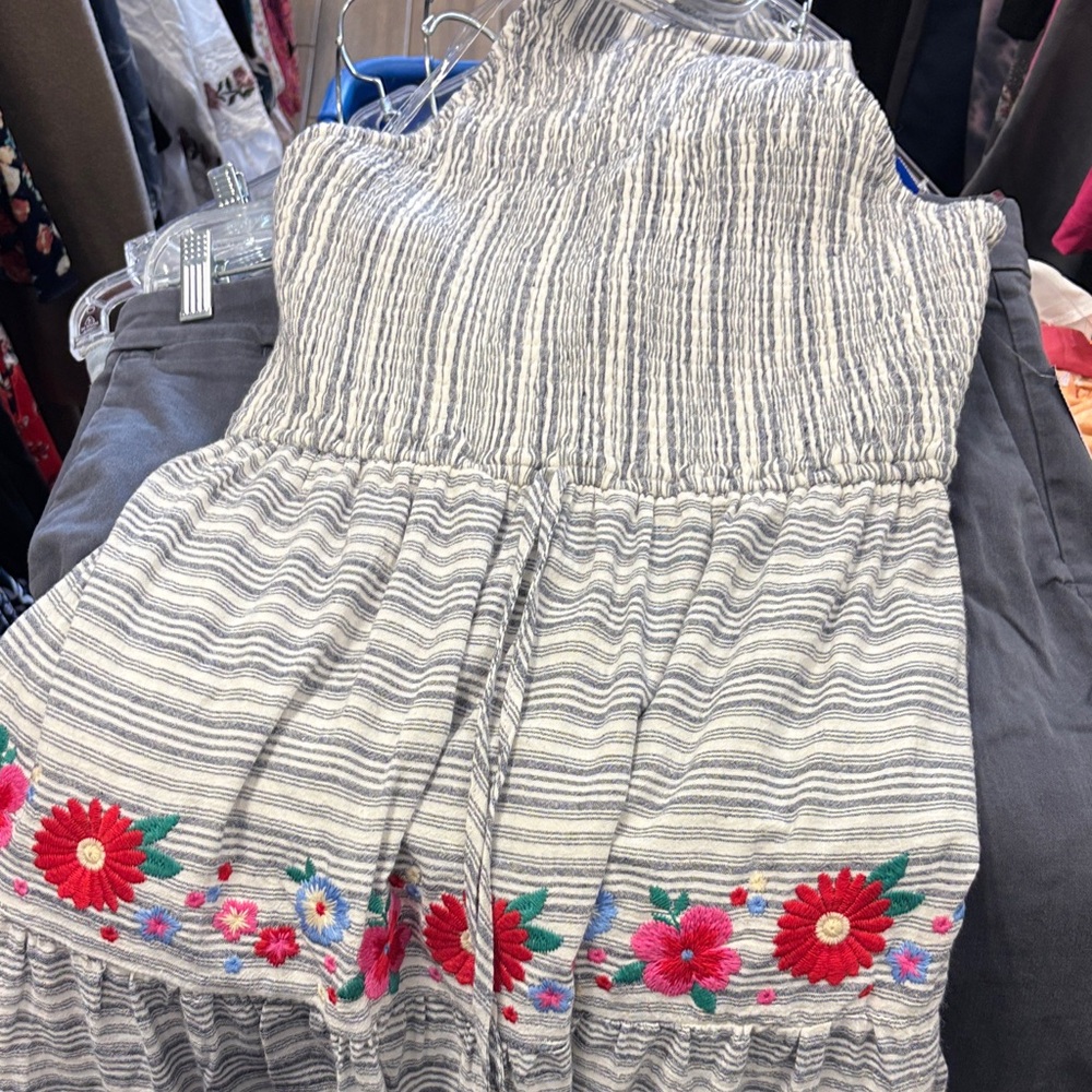 Savanna Jane Gray Striped Backless Dress with Floral Embroidery